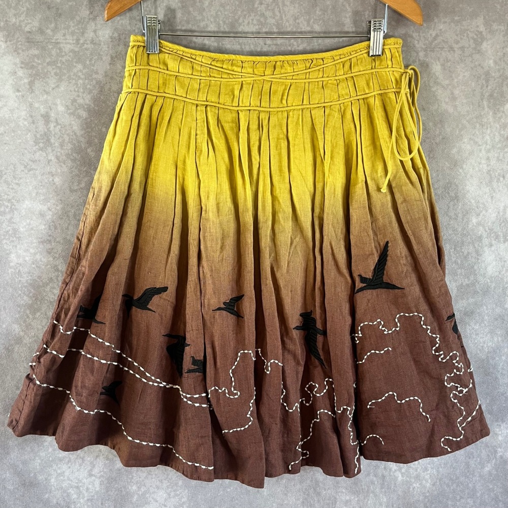 Lithe Linen Ombre Bird Embroidered Skirt Women 2 Yellow Brown Boho Anthropologie